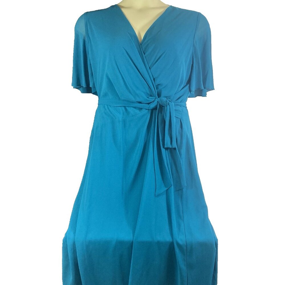 Lauren Ralph Lauren Faux Wrap Midi Dress Sz 16 Teal Short-Sleeve Ruffled Layered